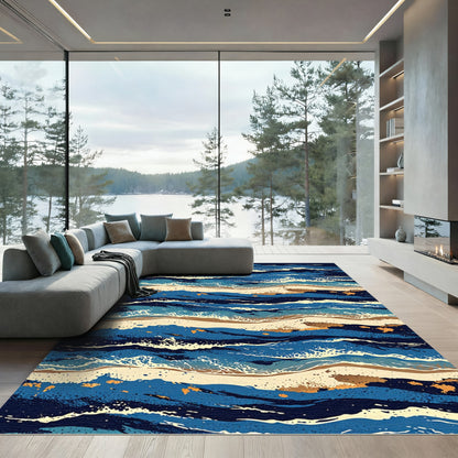 Deep Blue Oceanic Wave Landscape Rug