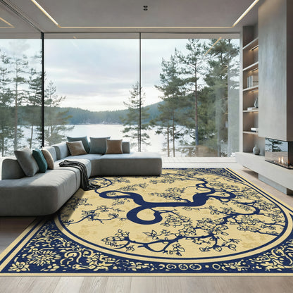 Deep Blue Cherry Blossom Branch Medallion Rug