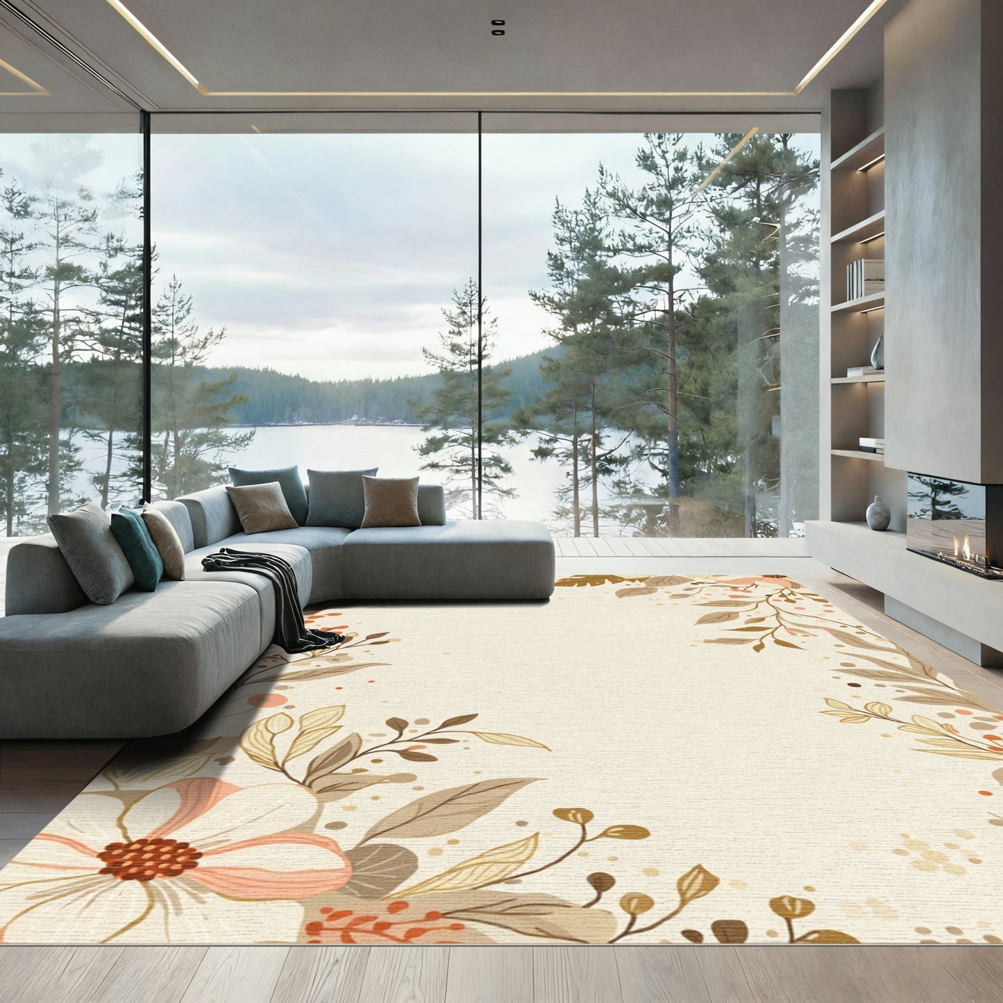 Earthy Floral Botanical Corner Arrangement Rug