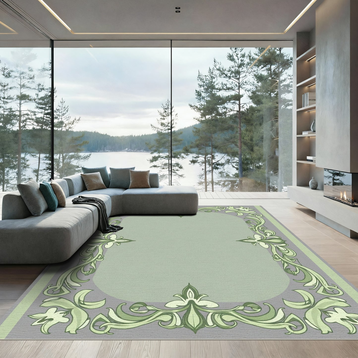 Sage Green Floral Ornate Frame Rug