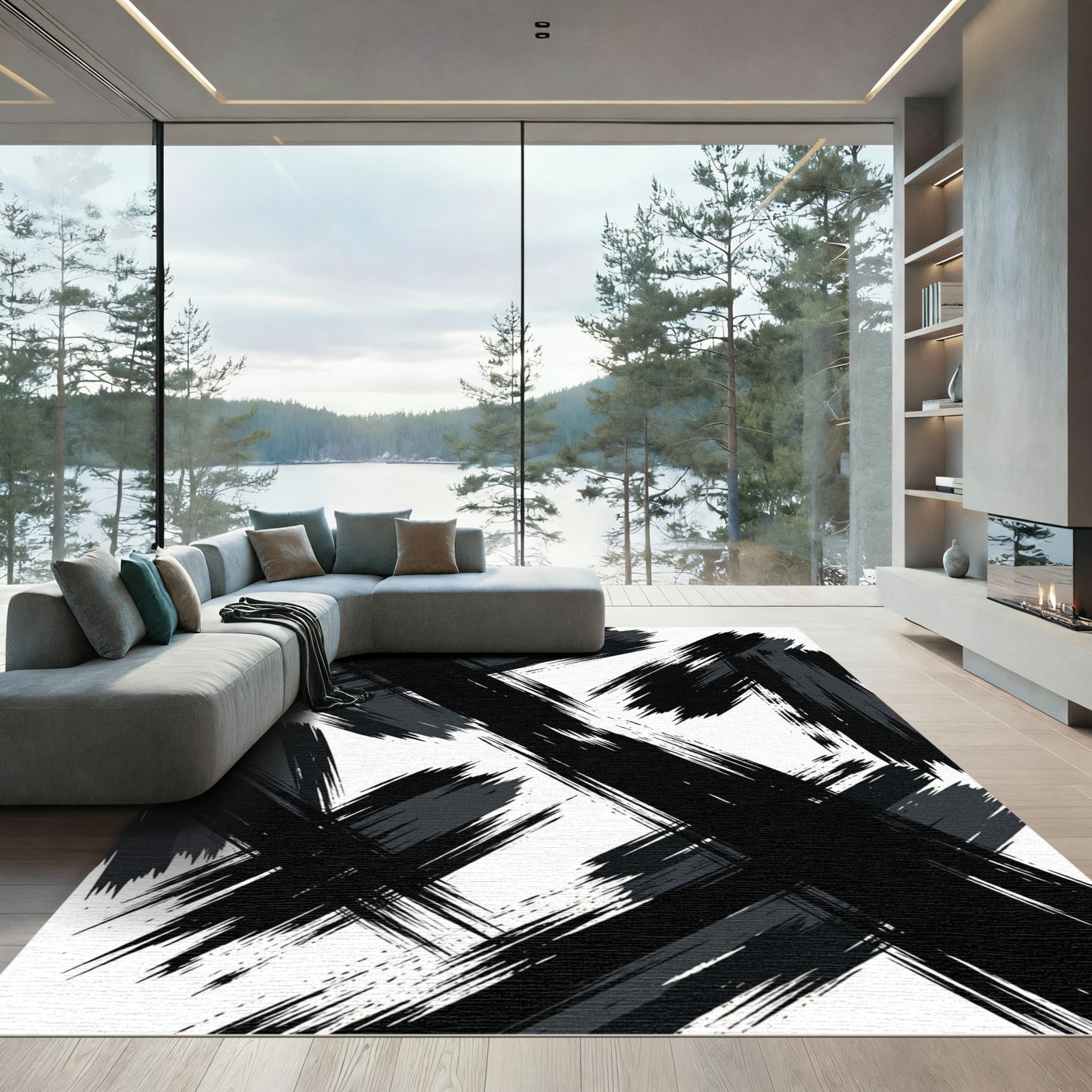 Bold Black Brush Stroke Abstract Rug