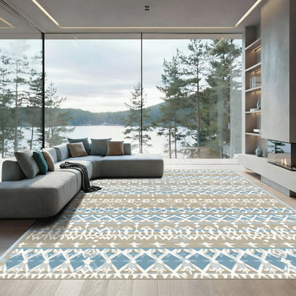 Coastal Blue Tan Ethnic Stripes Rug
