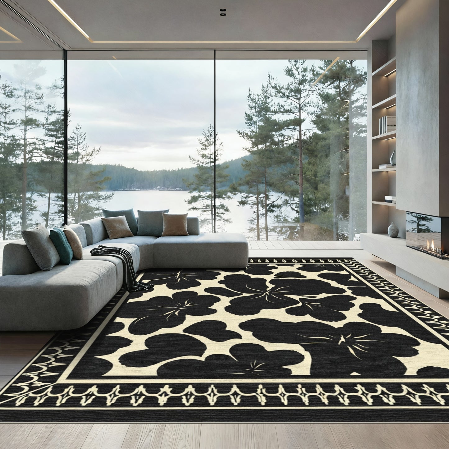 Bold Black Floral Border Rug