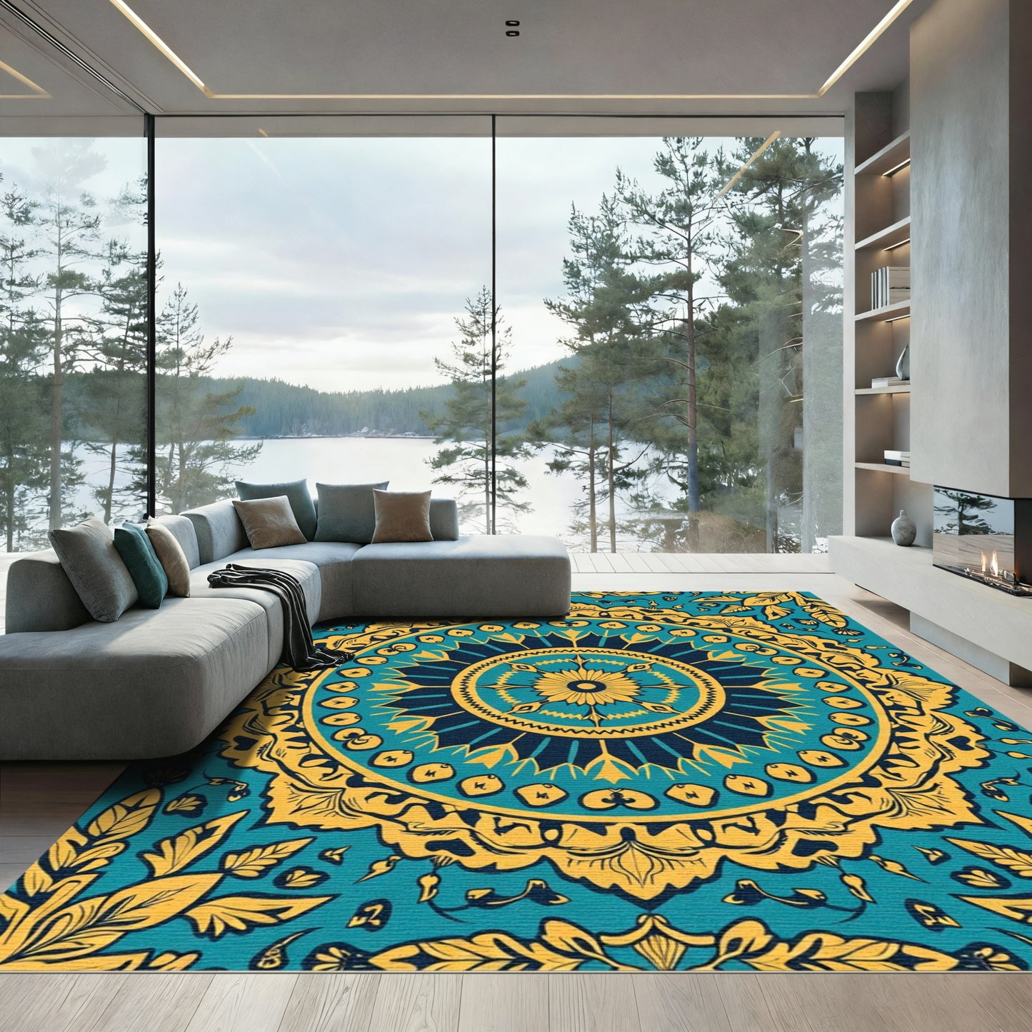 Teal Yellow Floral Mandala Rug