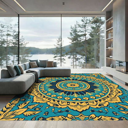 Teal Yellow Floral Mandala Rug