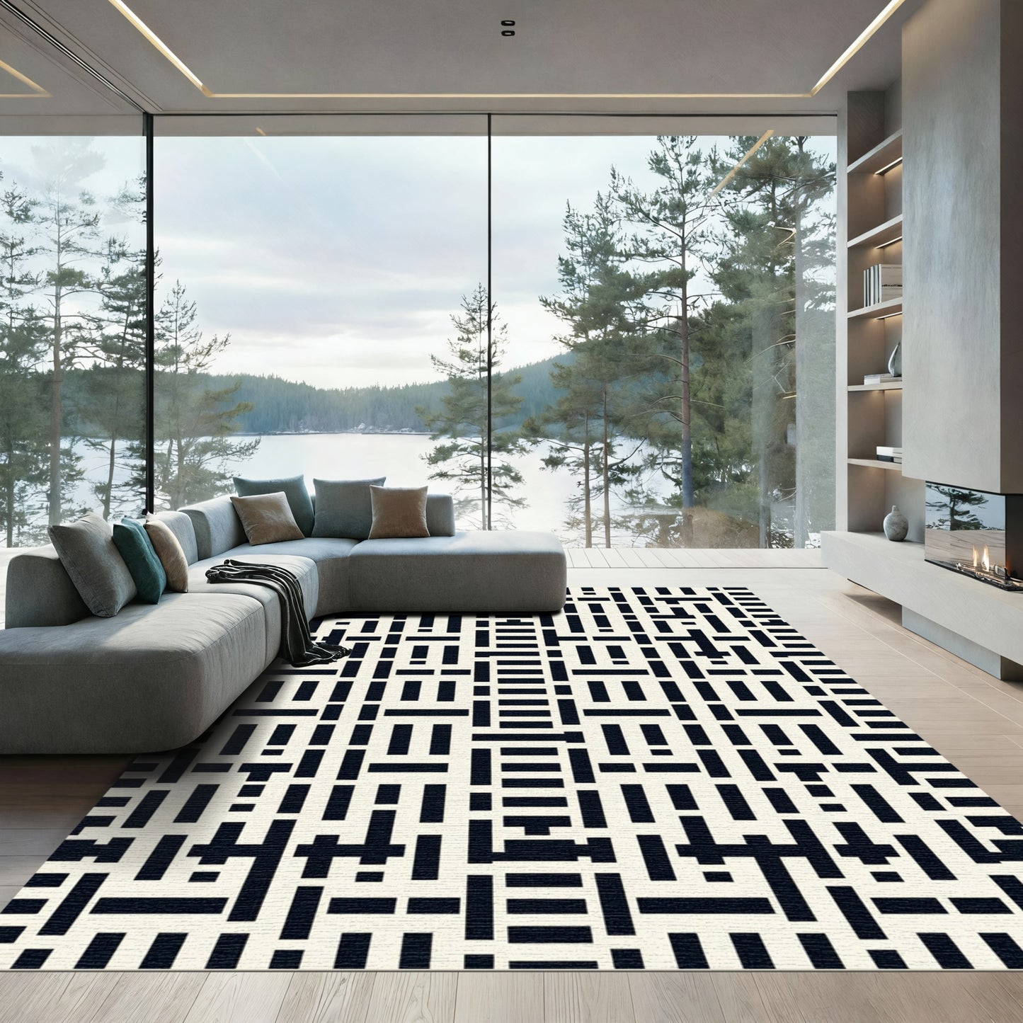 Modern Black White Geometric Weave Rug