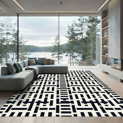 Modern Black White Geometric Weave Rug