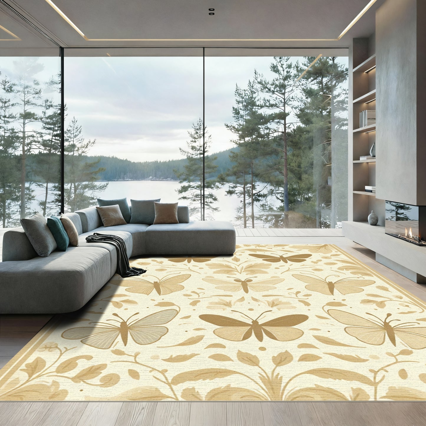 Golden Butterfly Garden Floral Rug