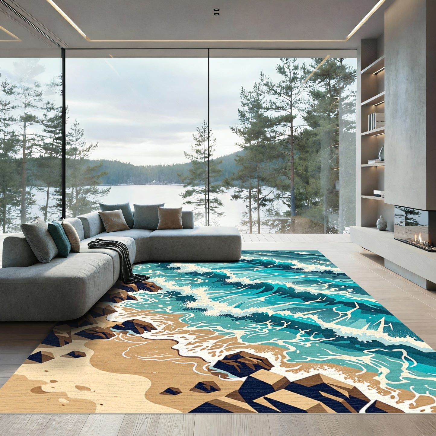 Abstract Turquoise Ocean Wave Shore Rug