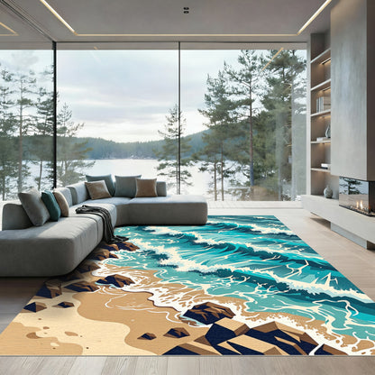 Abstract Turquoise Ocean Wave Shore Rug