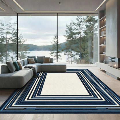 Deep Blue Layered Geometric Frame Rug