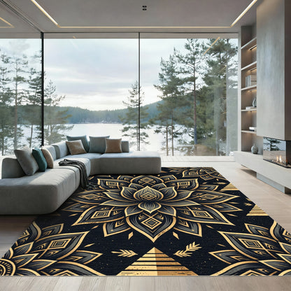 Ornate Gold Lotus Black Geometric Mandala Rug