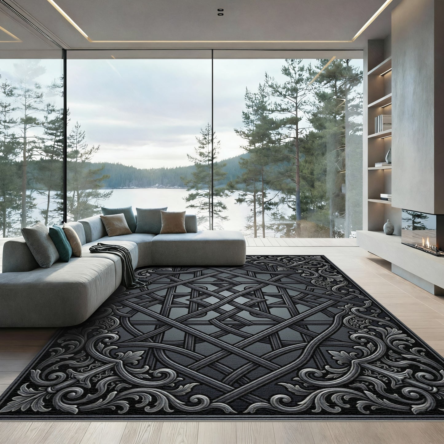 Ornate Black Interlocking Scrollwork Rug
