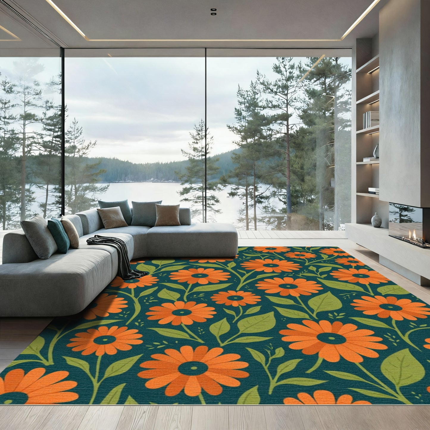 Vibrant Orange Floral Garden Teal Rug