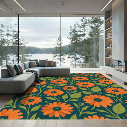 Vibrant Orange Floral Garden Teal Rug