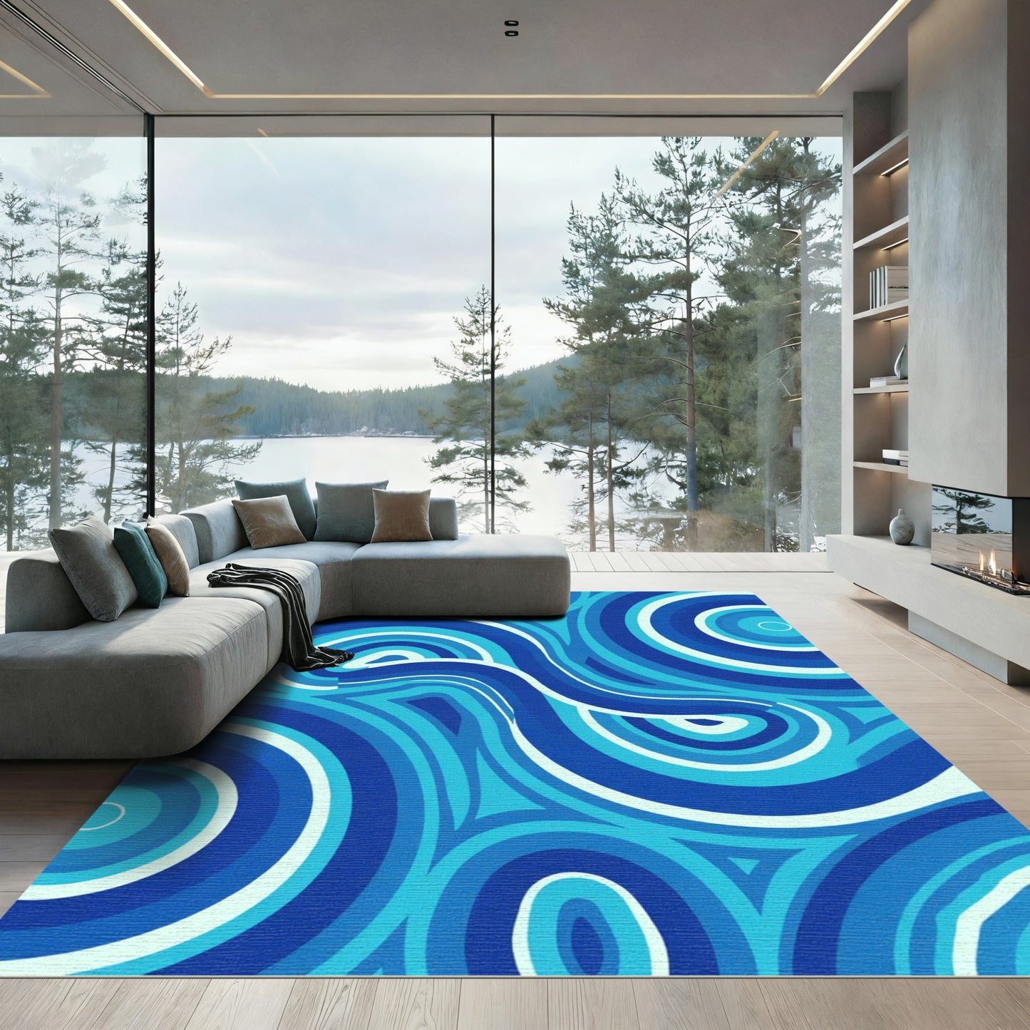 Abstract Blue Concentric Circles Rug