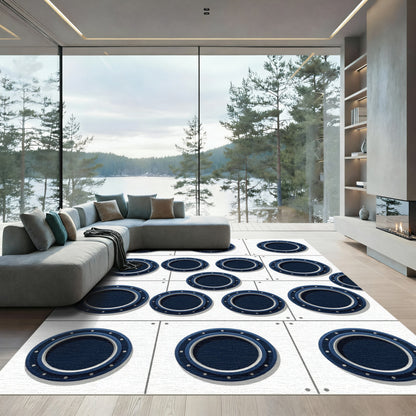 Modern Navy Nautical Porthole Grid Rug