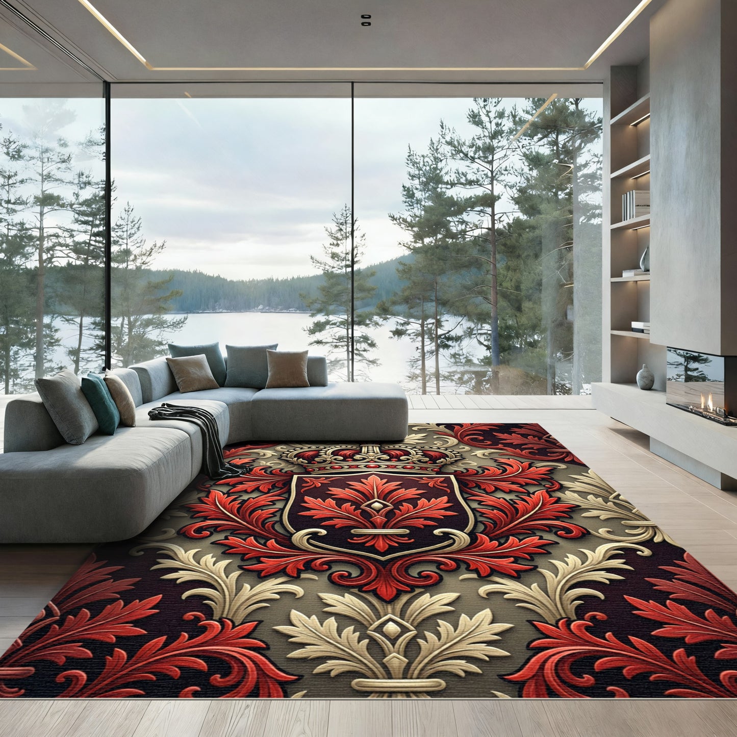 Regal Crimson and Gold Crest Rug