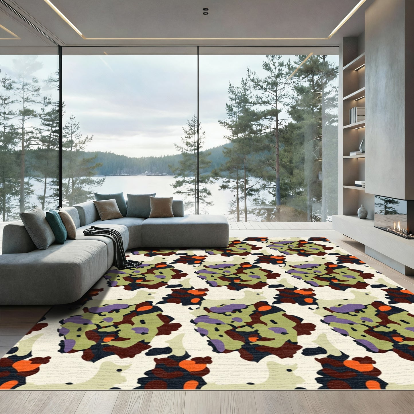 Abstract Camouflage Green Orange Forms Rug