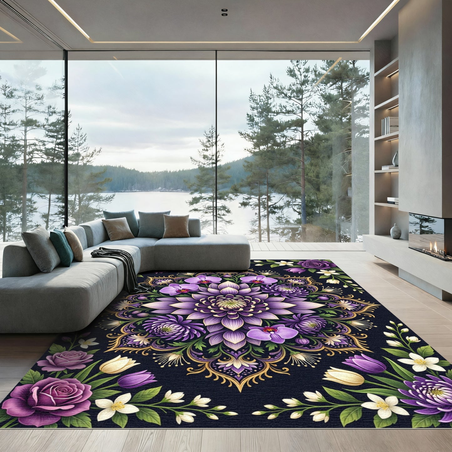 Ornate Violet Floral Mandala Jewel Tone Rug
