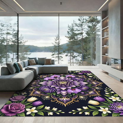 Ornate Violet Floral Mandala Jewel Tone Rug