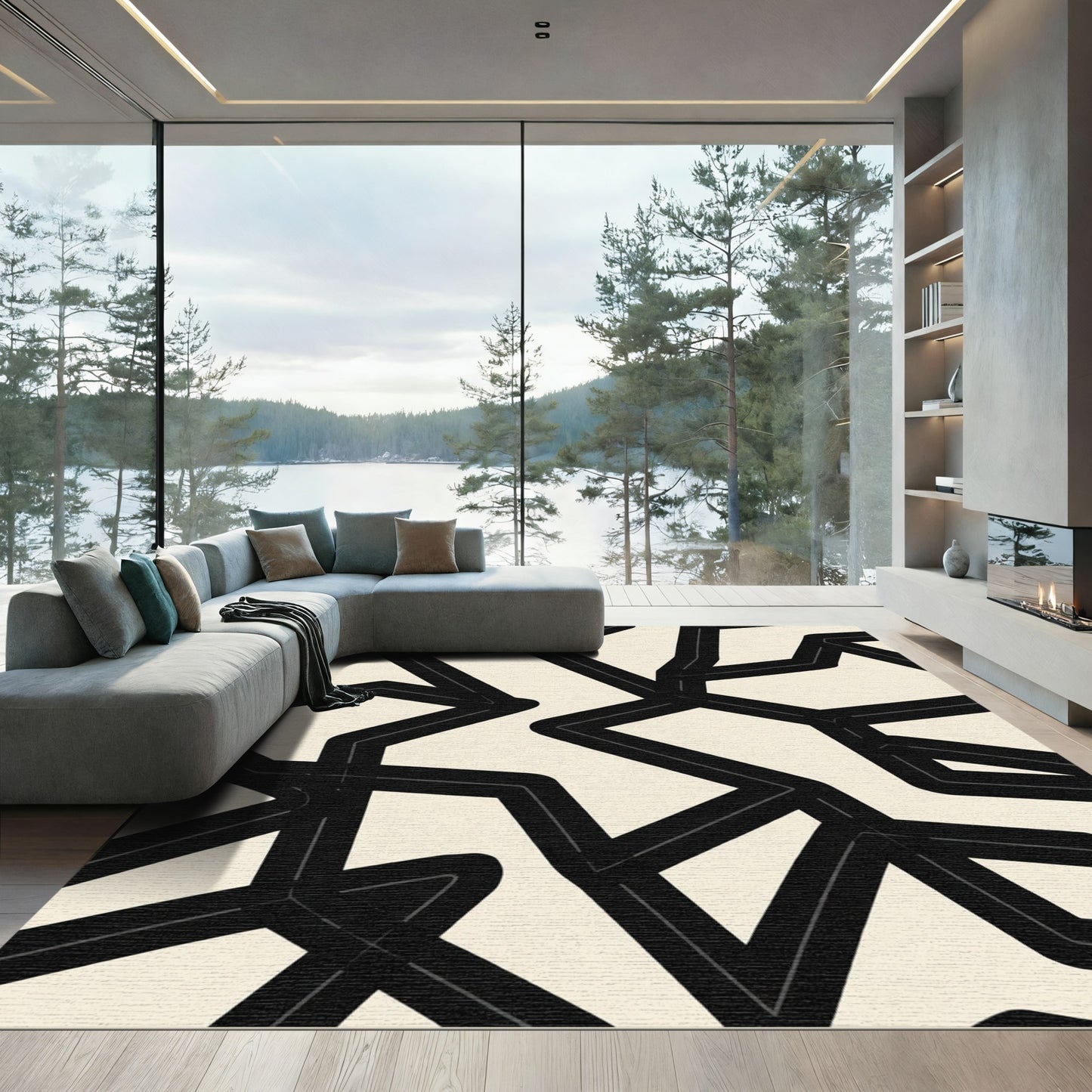 Black Creased Lines Cream Canvas Rug