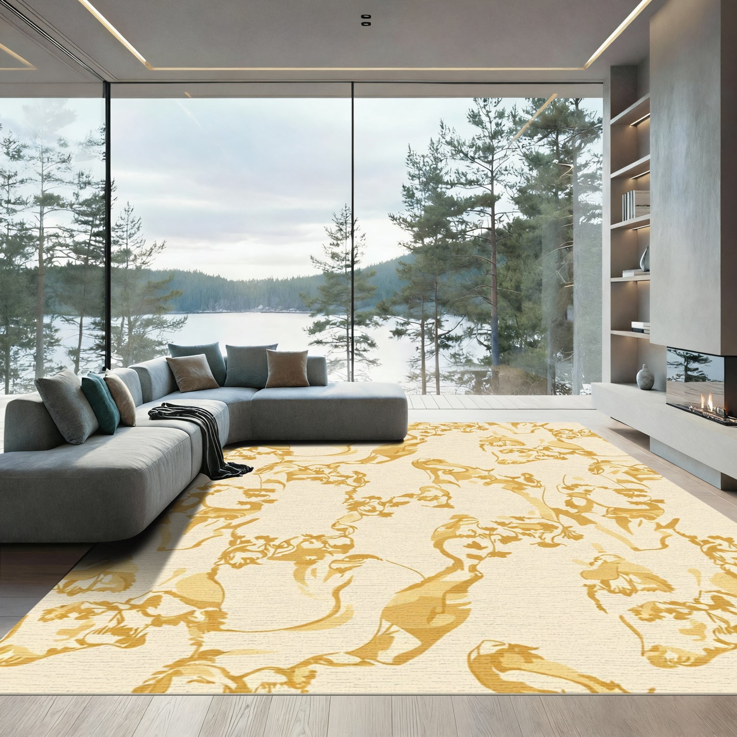 Golden Yellow Sketchy Floral Vine Rug