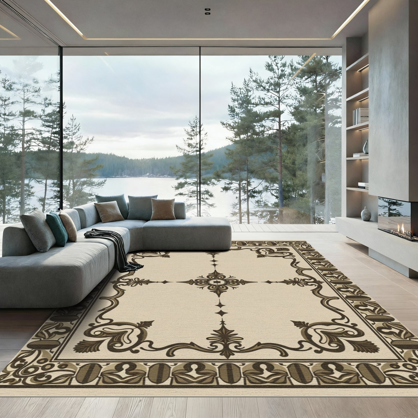 Brown and Beige Scrollwork Medallion Rug