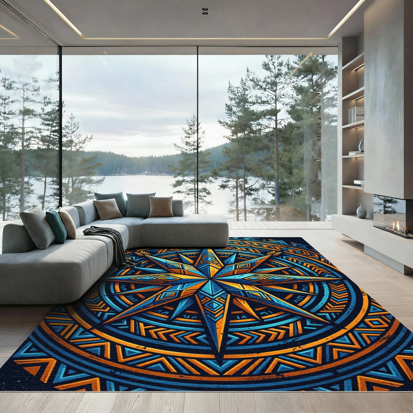 Celestial Blue and Gold Geometric Star Rug