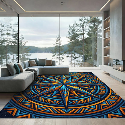 Celestial Blue and Gold Geometric Star Rug