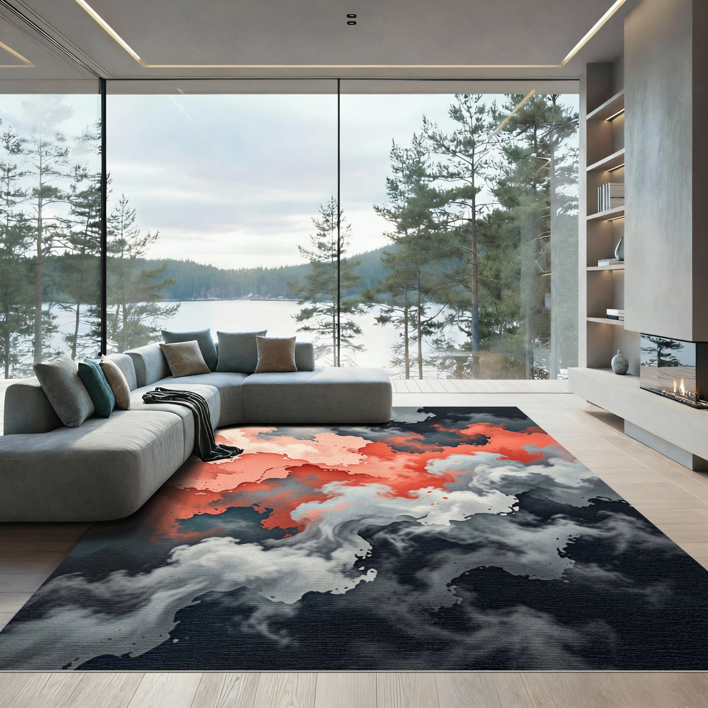 Coral Gray Abstract Cloud Formation Rug