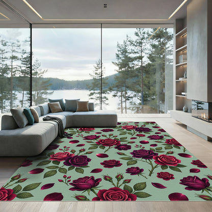 Romantic Deep Red Rose Garden Rug