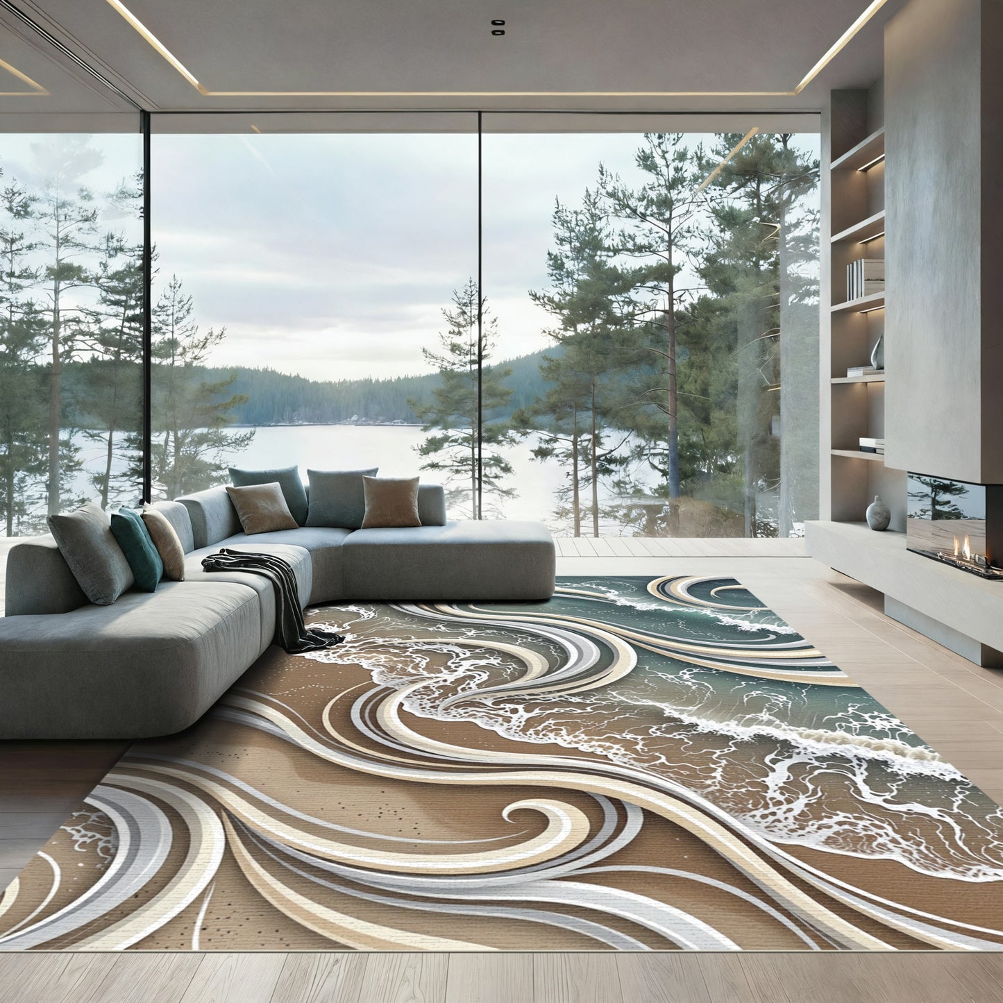 Coastal Swirl Waves Beach Abstract Rug