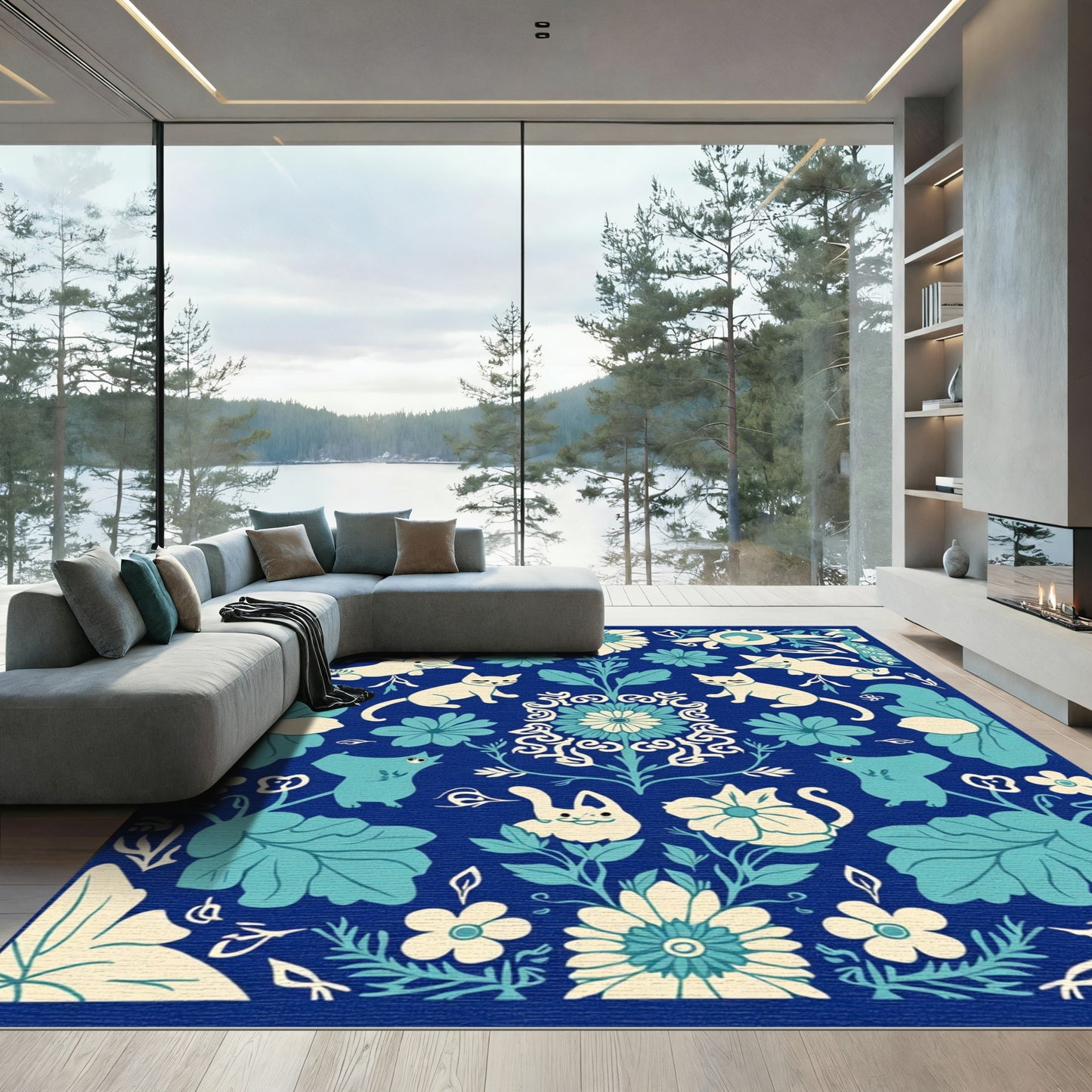 Charming Blue Floral Cat Garden Rug