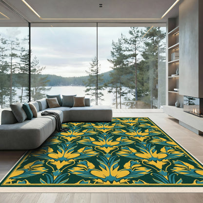 Emerald Teal Yellow Leaf Scroll Rug