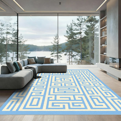Cream Blue Geometric Maze Relief Rug