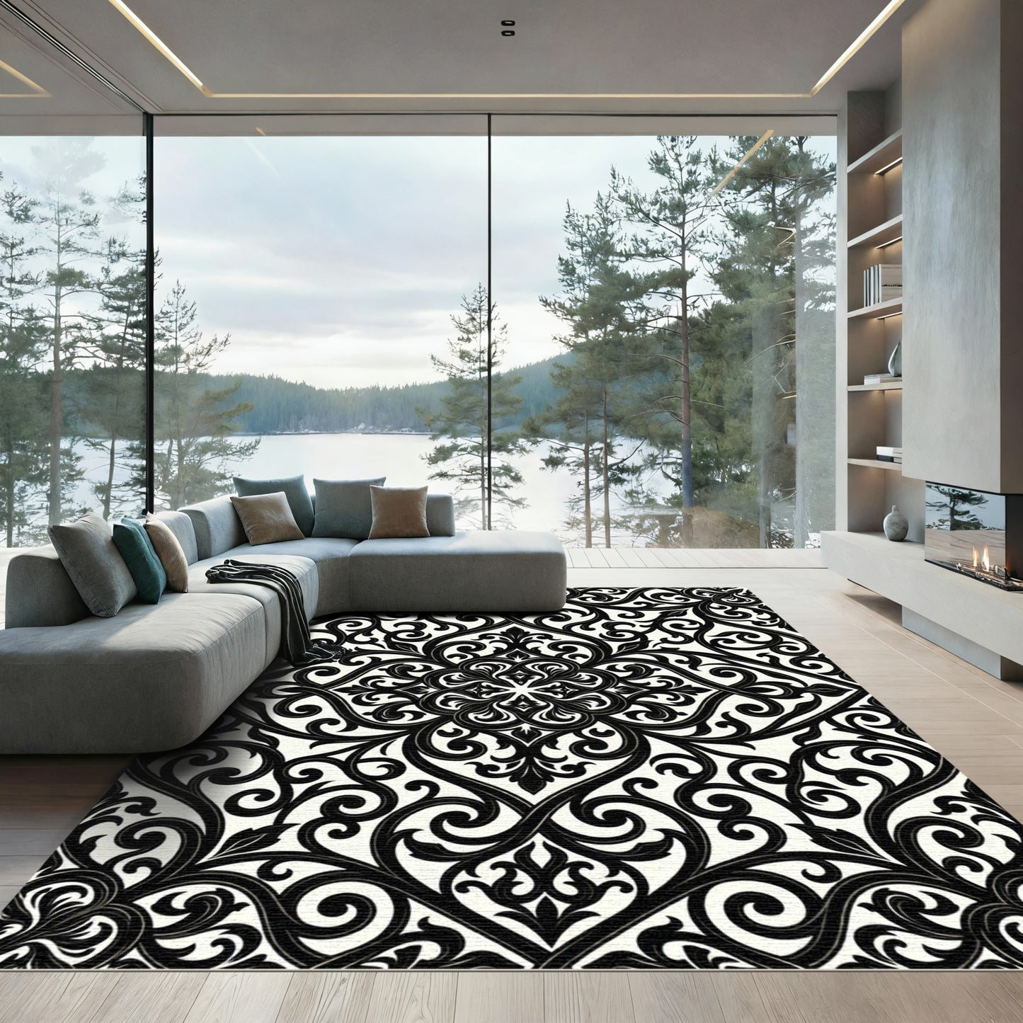 Elegant Black and White Damask Scroll Rug