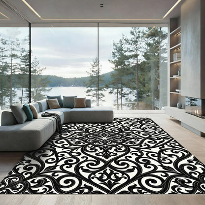 Elegant Black and White Damask Scroll Rug