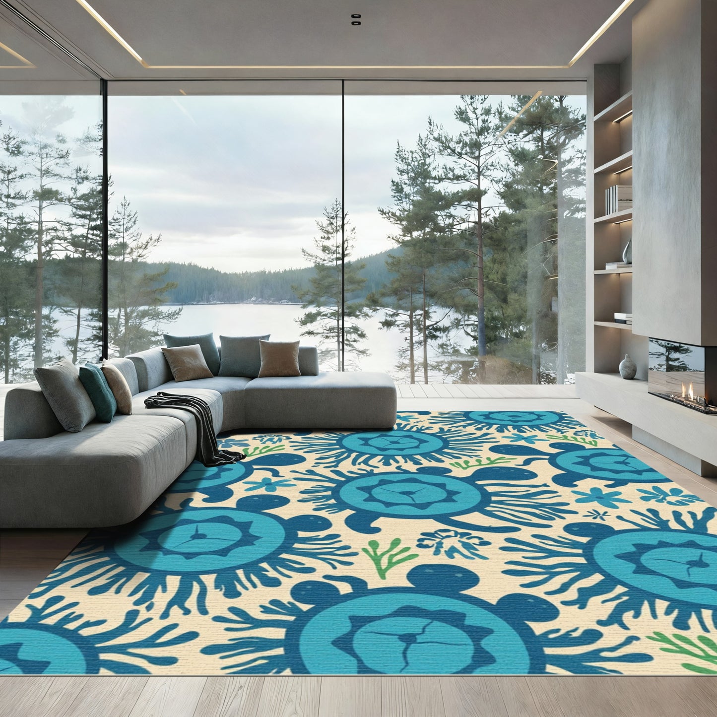 Oceanic Blue Turtle Floral Seaweed Rug