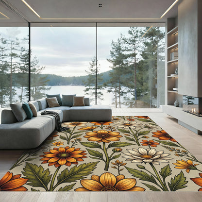 Golden Orange Floral Botanical Print Rug