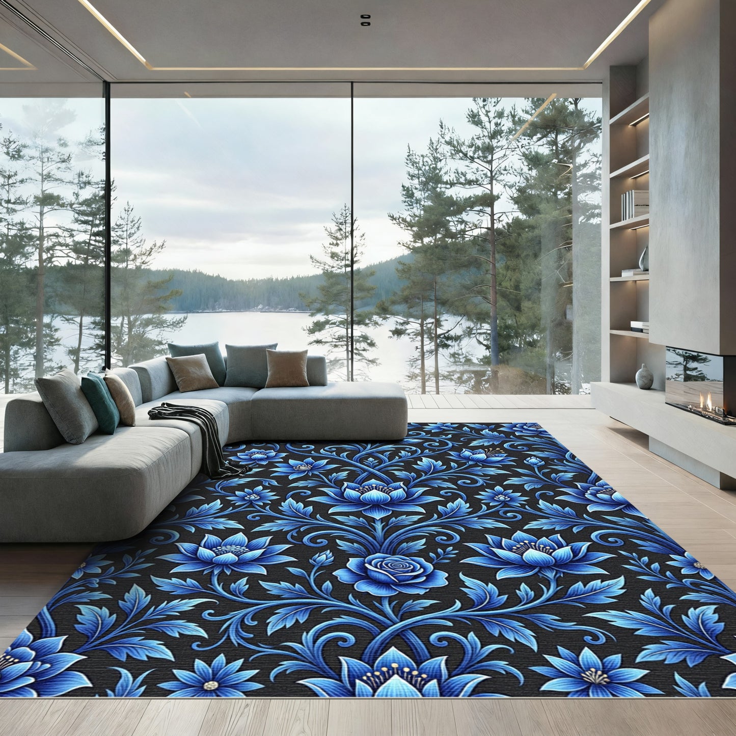 Elegant Azure Lotus Floral Swirls Rug