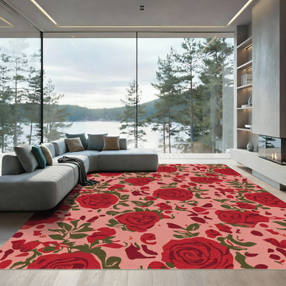 Romantic Red Rose Floral Swirl Rug
