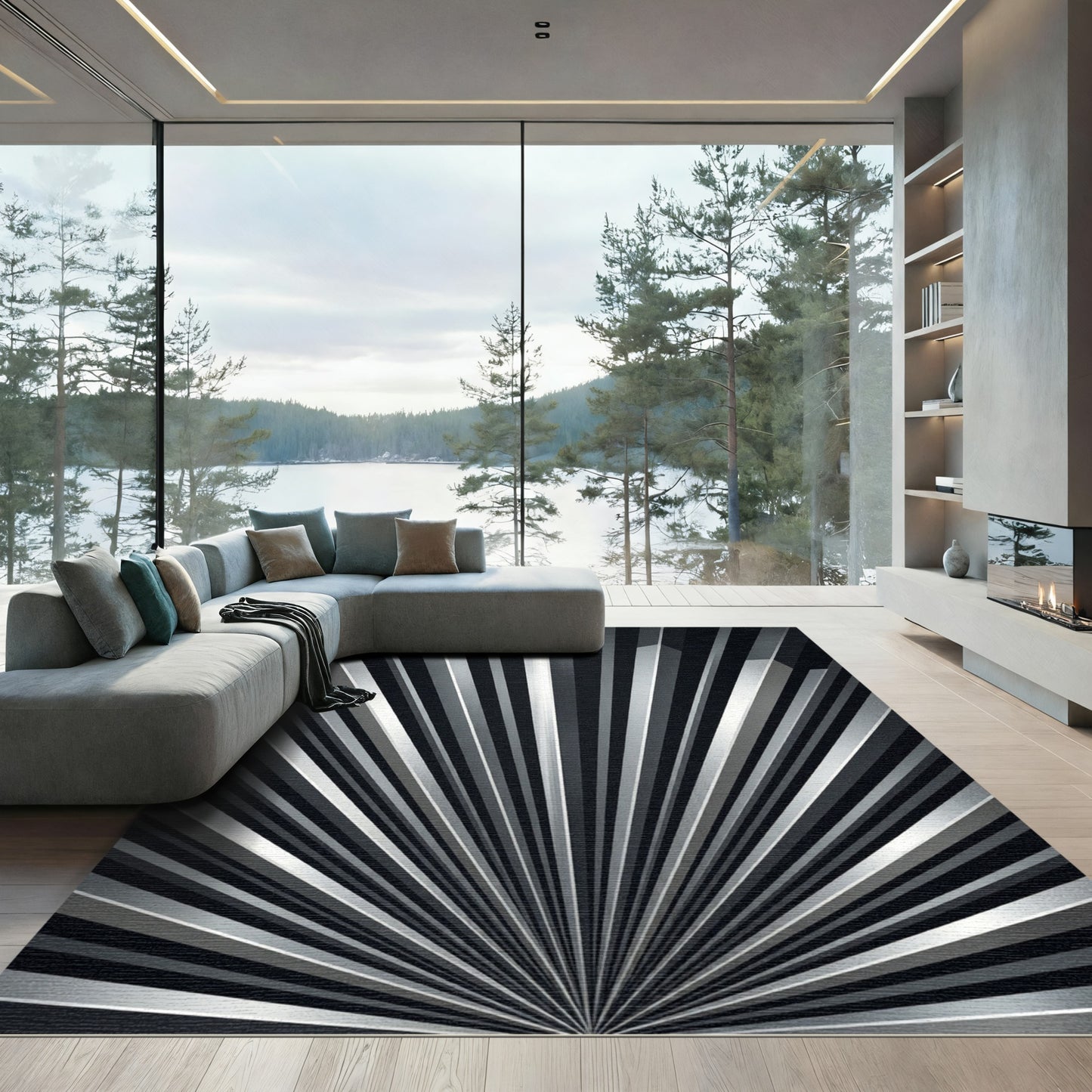 Modern Gray Sunburst Geometric Rug