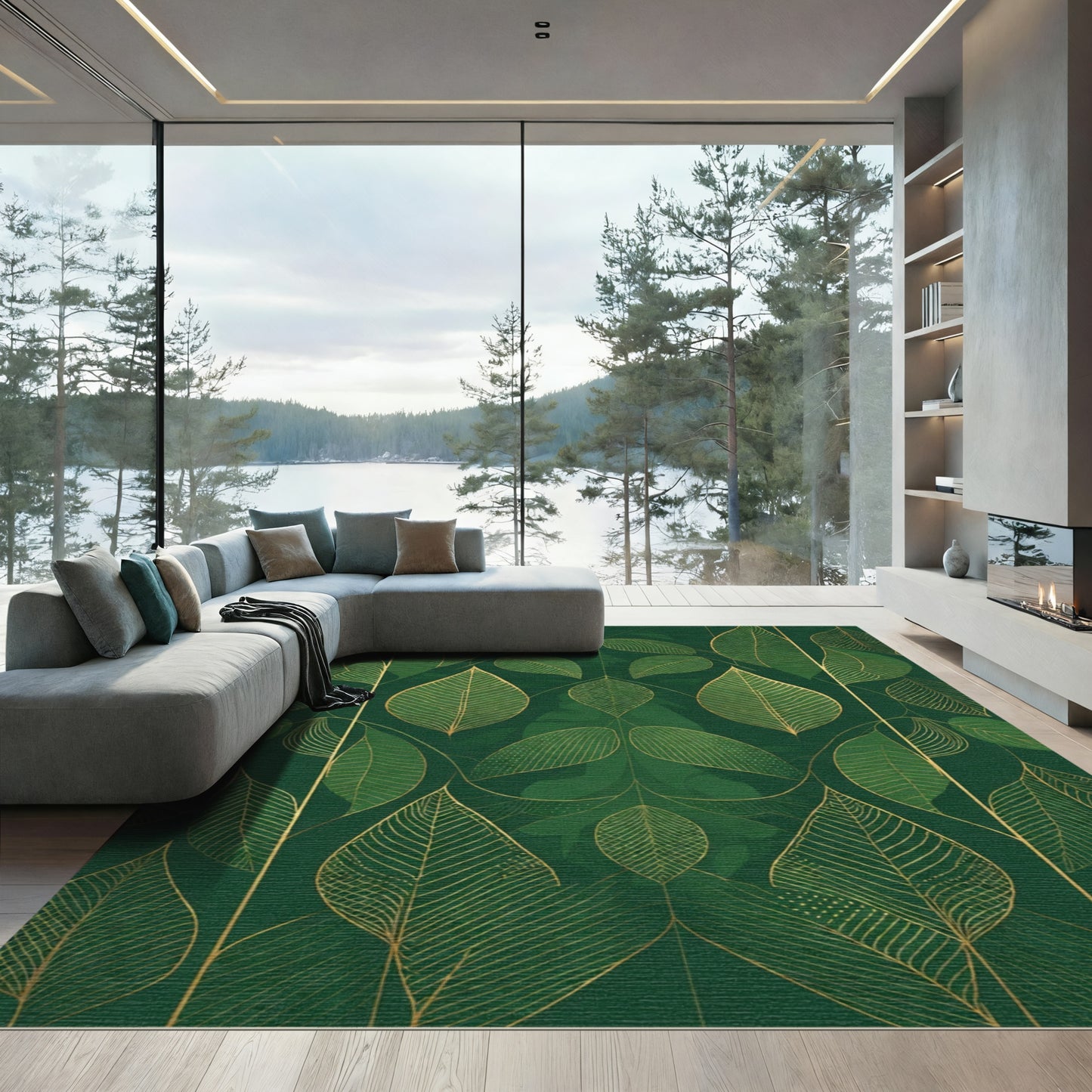 Emerald Gold Leaf Botanical Arrangement Rug