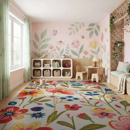 Whimsical Multicolor Floral Leaves Berries Rug