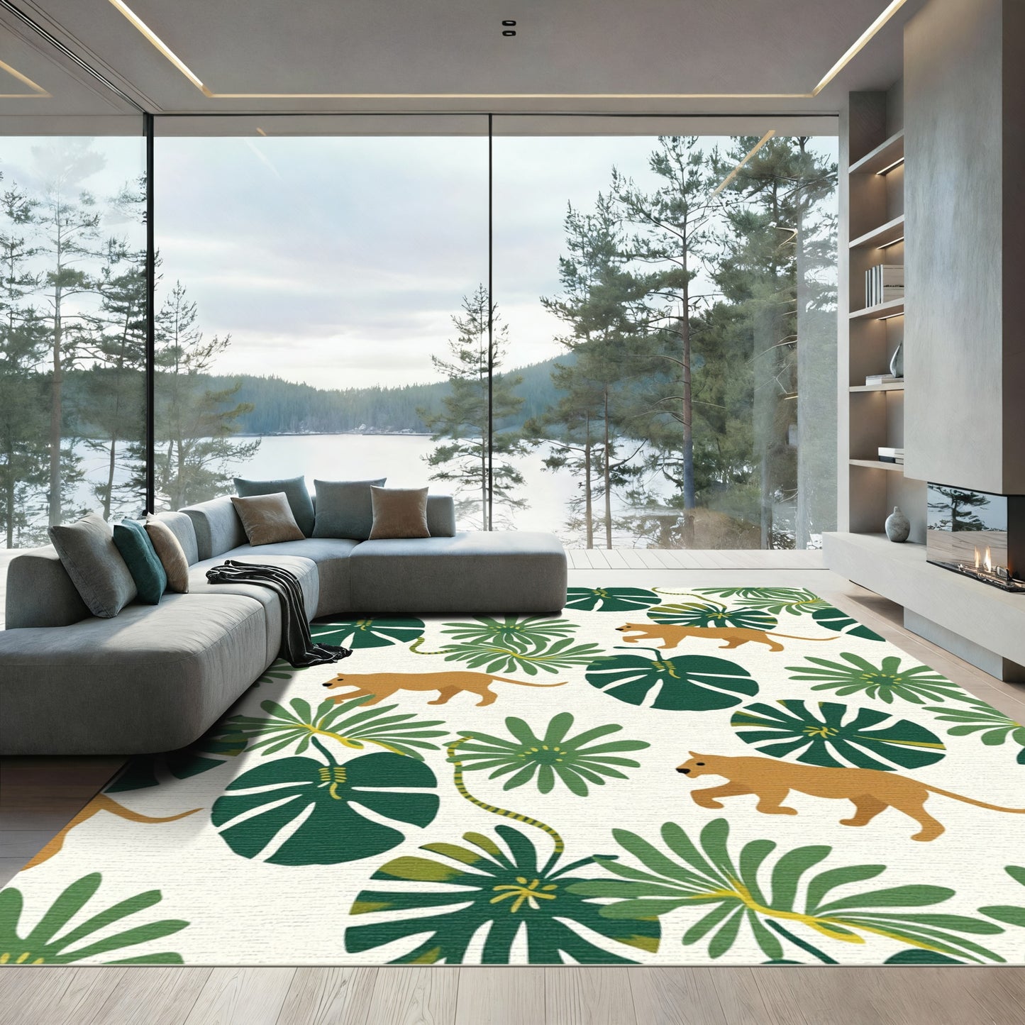 Golden Feline Tropical Leaf Panorama Rug
