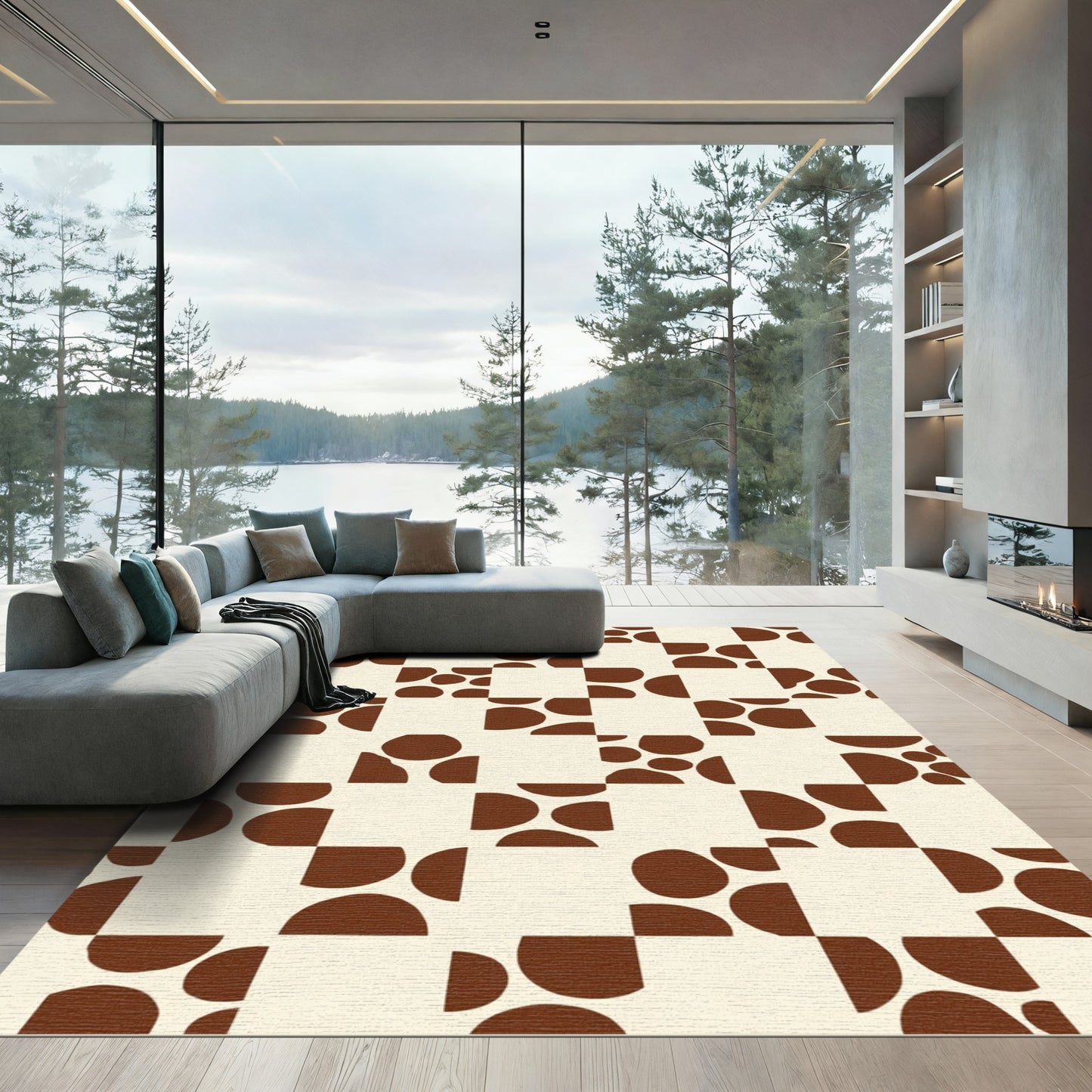 Brown Circles Mid-Century Checkerboard Rug