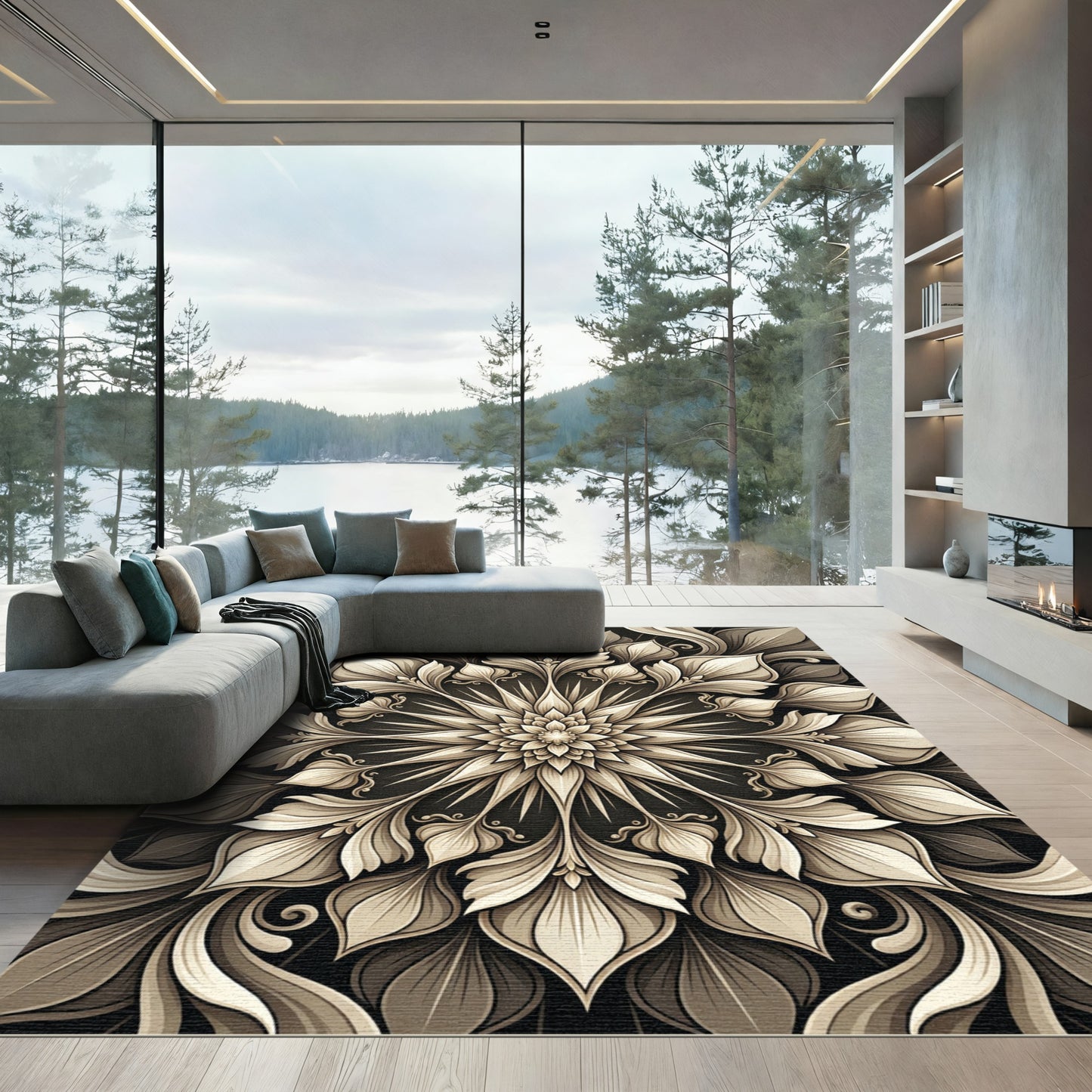 Intricate Ivory Floral Mandala Rug