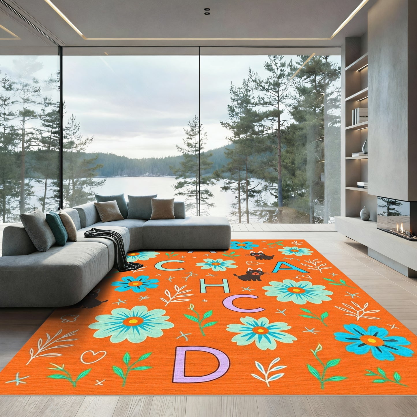 Orange Floral Whimsical Cats Alphabet Rug