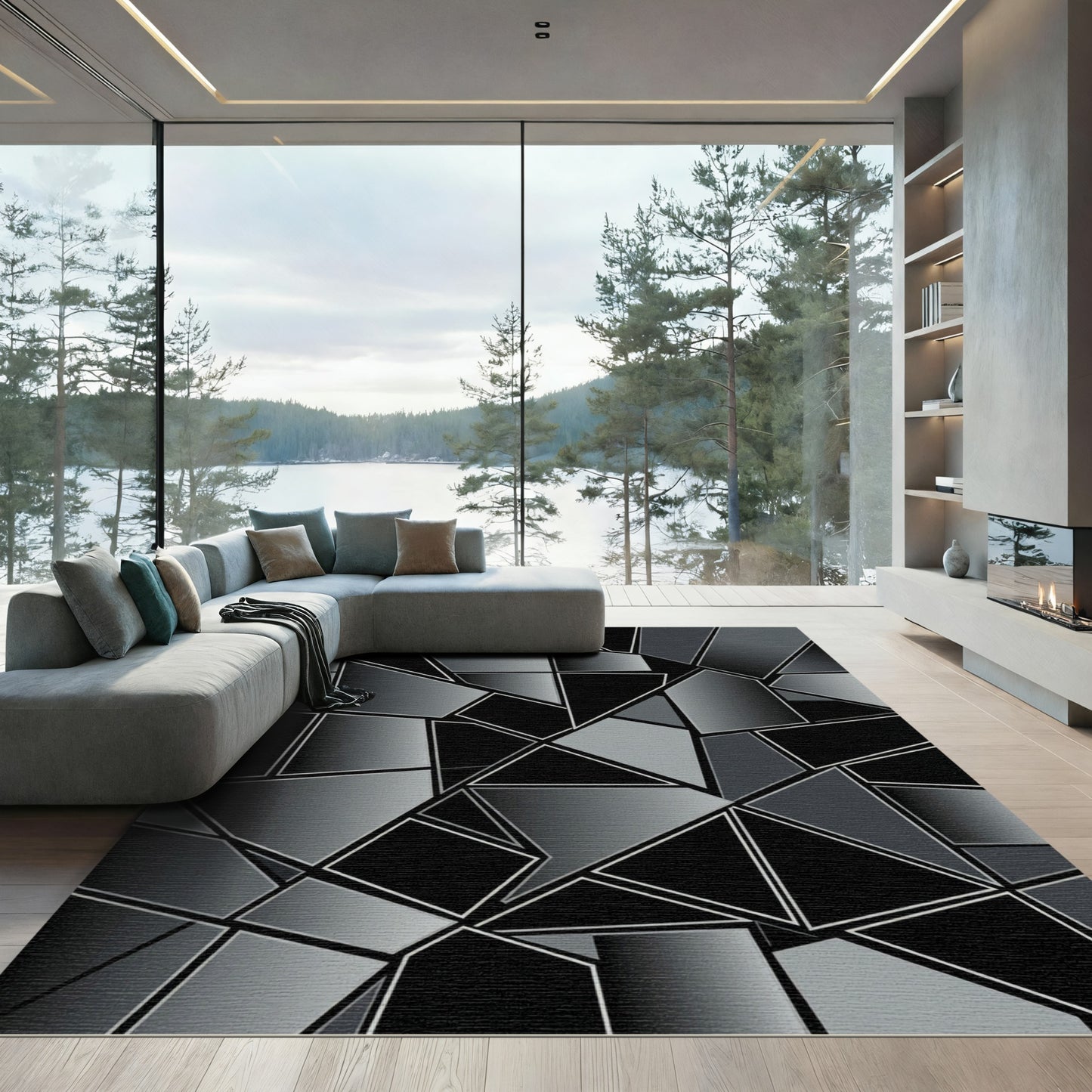 Grayscale Geometric Shattered Composition Rug